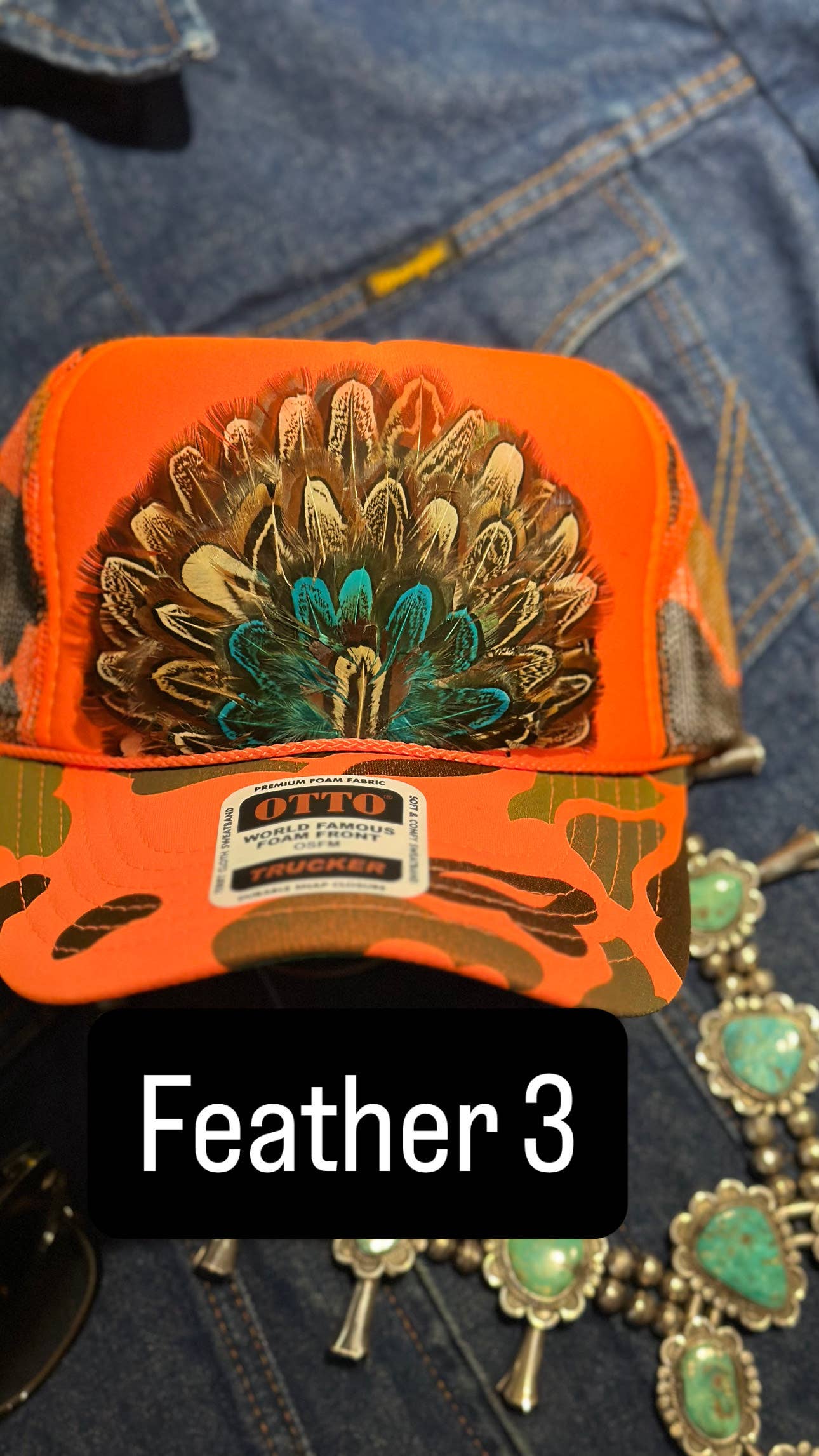 High Ho Silversmithing - Wholesale Trucker Hat - Women's - ORANGE CAMO CAMOUFLAGE FEATHER TRUCKER HAT2