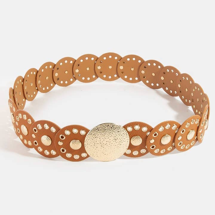 Collections by Fame Accessories - Wholesale Belt - Women's - Hammered Disc Accent Faux Leather Panel Link Belt3