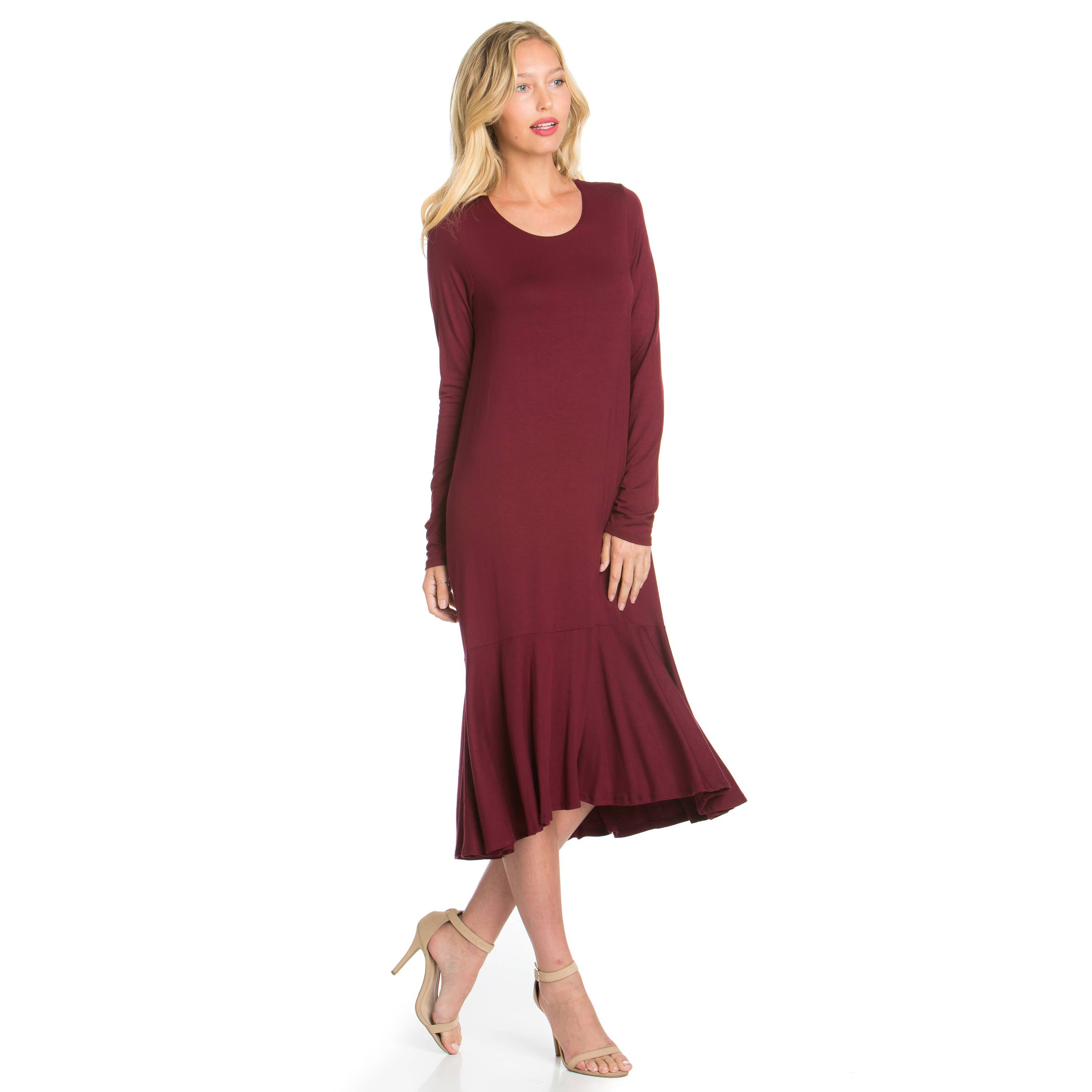 Azules Clothing - Wholesale Dress - Women's - ADM-8258RS Ruffle Hem Long Sleeve Midi Dress19