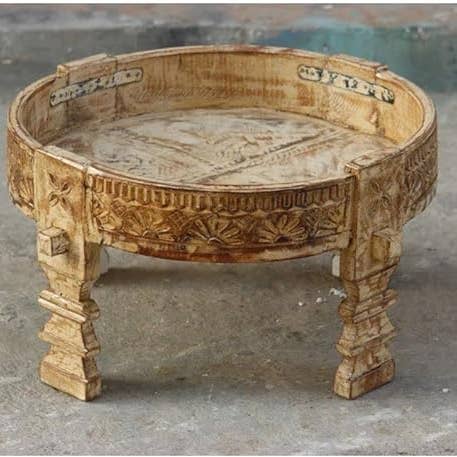 Indian Hand Carved Chakki Table Turquoise Color, Recycled for wholesale by VIRATRA ART DECOR