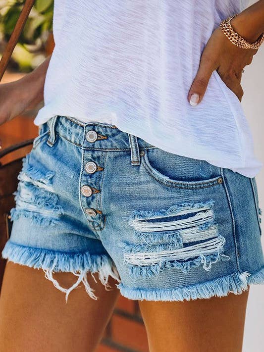 Light Blue Straight Breasted Ripped Tassel Denim Shorts for wholesale on Faire