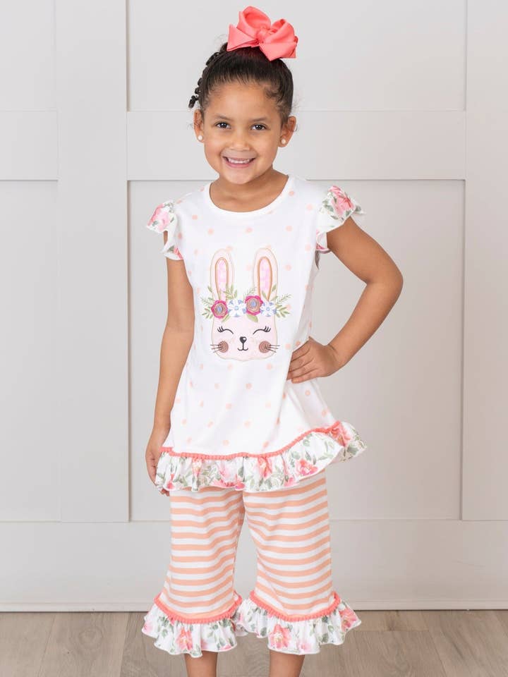 Punch Floral Bunny Ruffle Outfit for wholesale by Marie Nicole Clothing