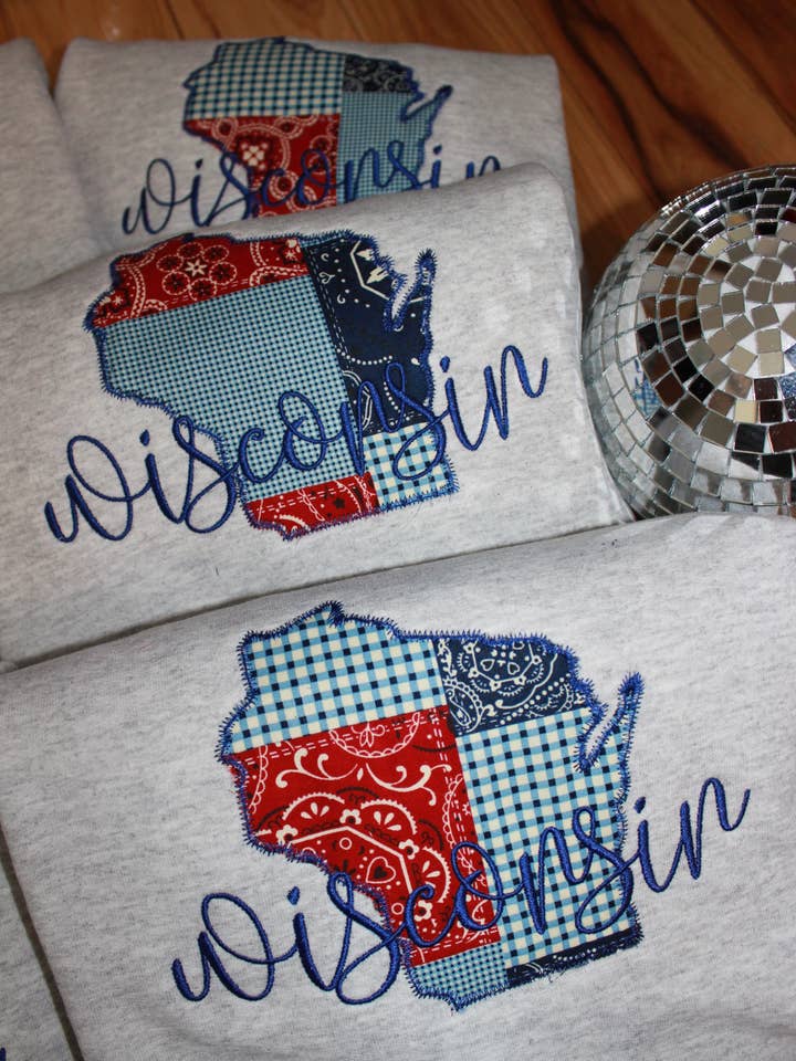 Wisconsin Patchwork Embroidered Crewneck for wholesale by 920 Threads