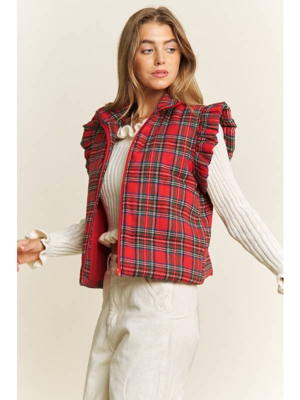 RED EVERYDAY PLAID PUFF ZIP UP VEST JACKET with ARMHOL for wholesale on Faire5