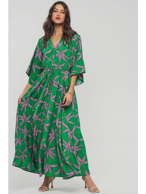 Urban Daizy - Wholesale Dress - Women's - Romantic Palm Print V Neck Tie Waist Maxi Dress