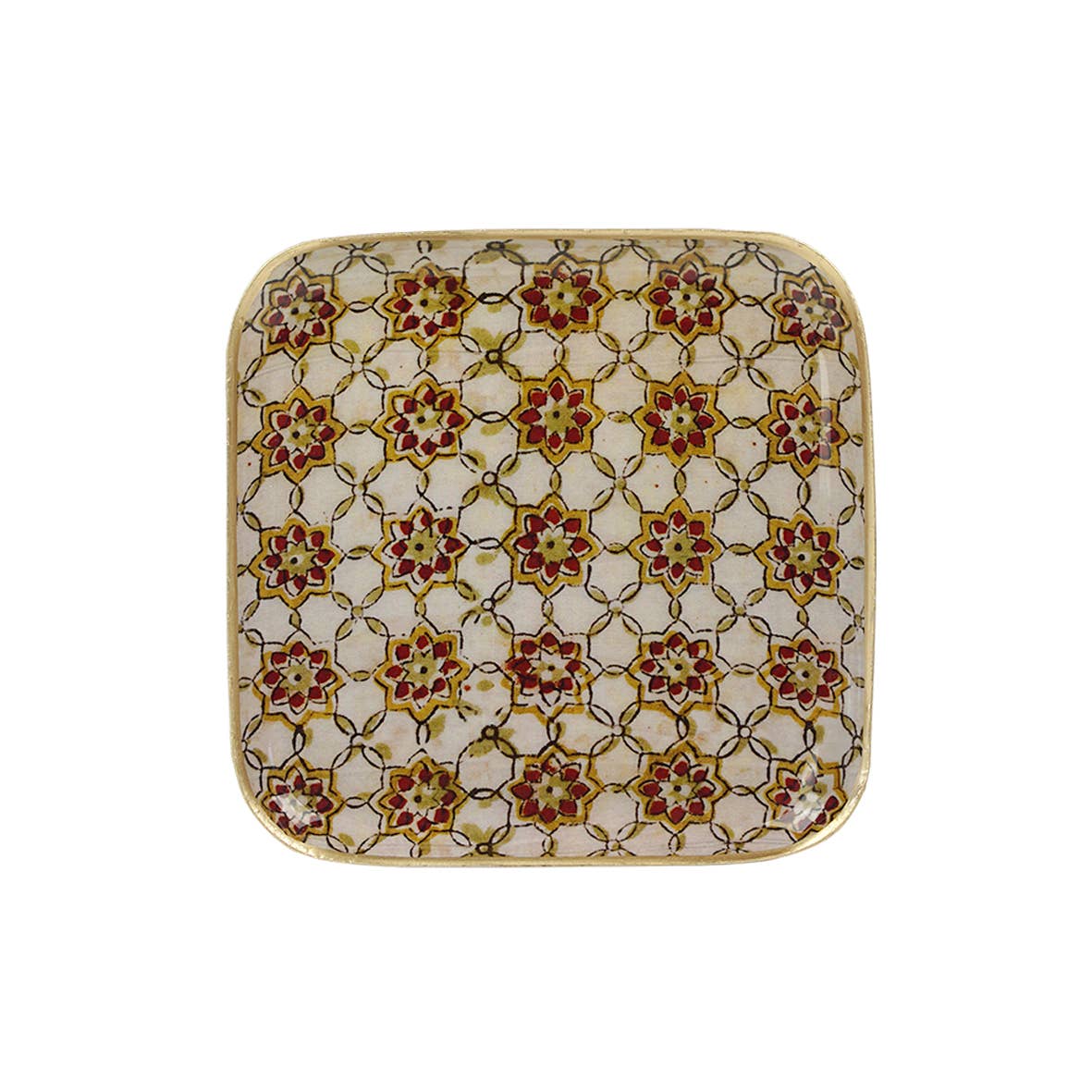 Maison Lilo - Vente Plateaux décoratifs - Plateau métal émaillé Zellige brick 20x20, bordure dorée1