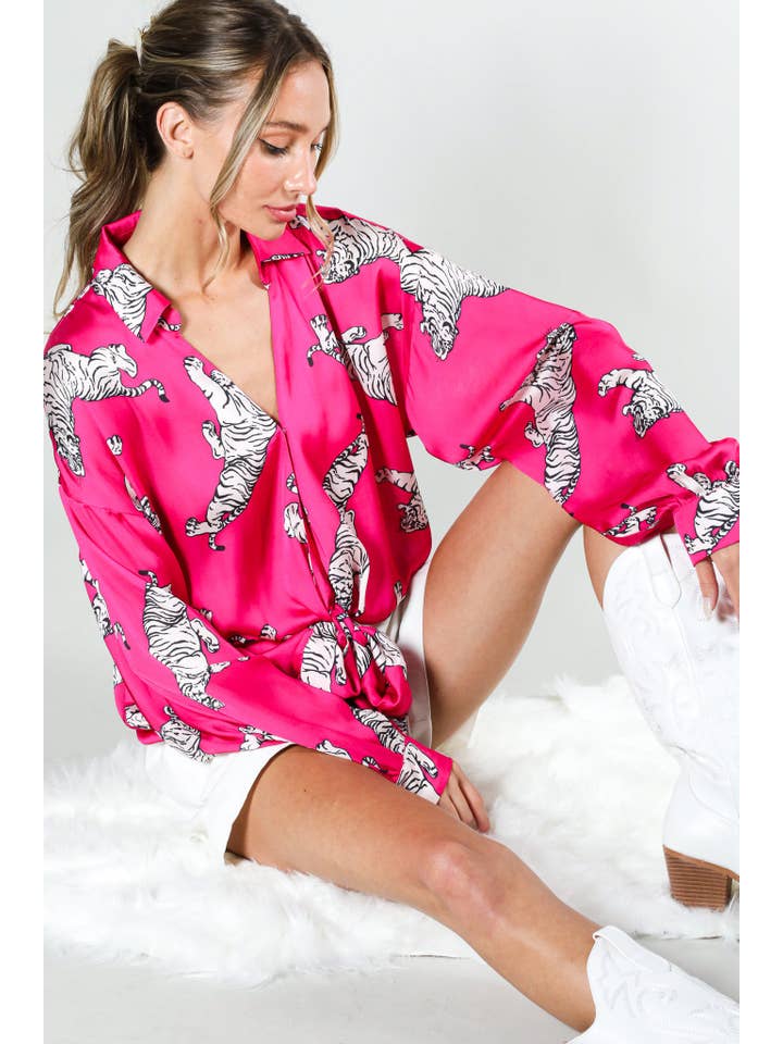 Vine & Love - Wholesale Button Down Shirt - Women's - Long puff sleeve tie front tiger printed satin top VT81497A