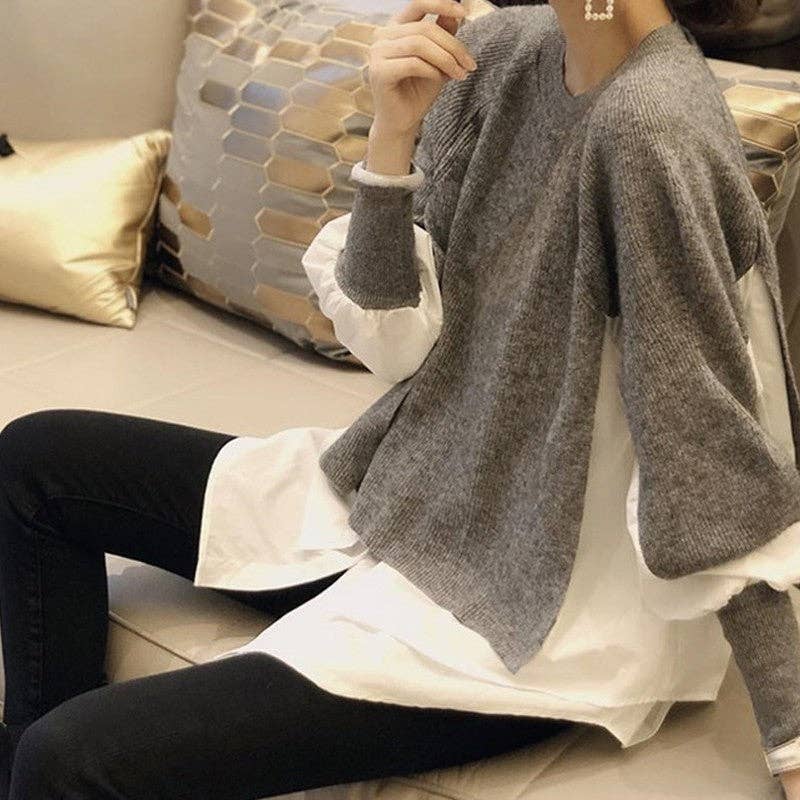 UZ Wholesale Store - Wholesale Knit Sweater - Women's - Long Sleeve Crewneck Patchwork Fake-Two Pullover Sweater4