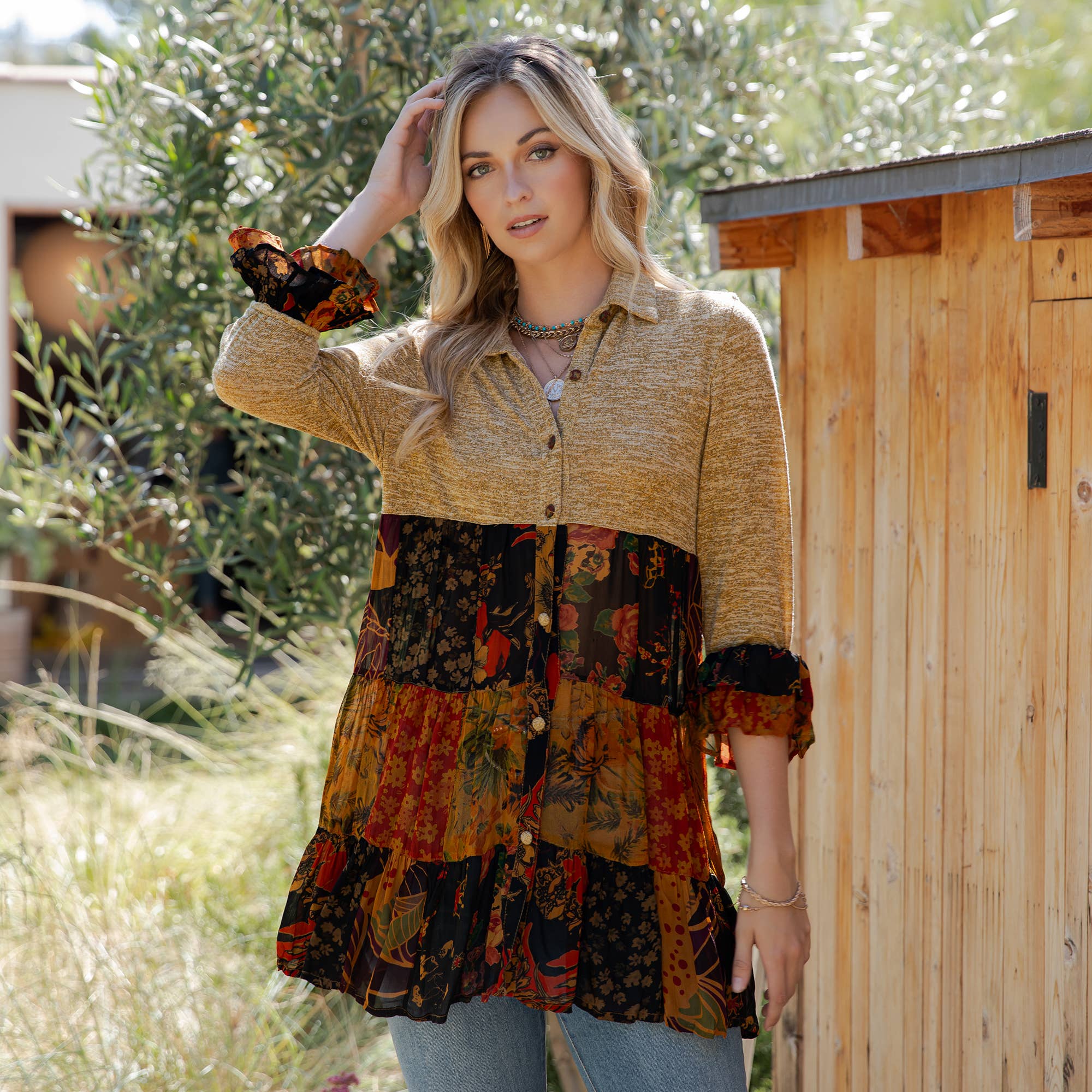 Young Threads - Wholesale Blouse - Women's - Western Denim Yoke Patchwork Tiered Tunic Top (New Color)31