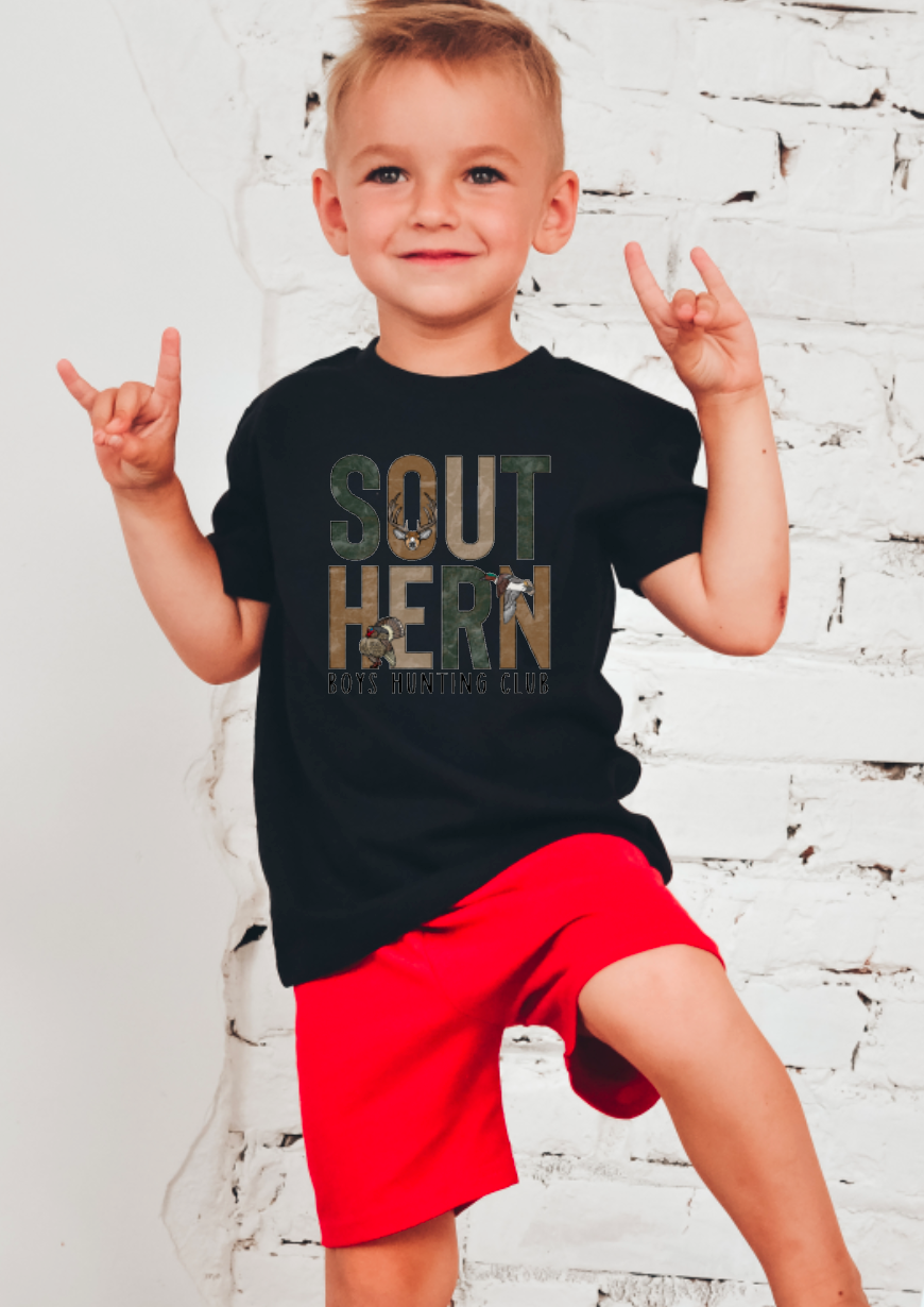 Gia Gifts Boutique - Wholesale Screen Printed T-Shirt - Kids - YOUTH Southern Boys Hunting Club Tee 0