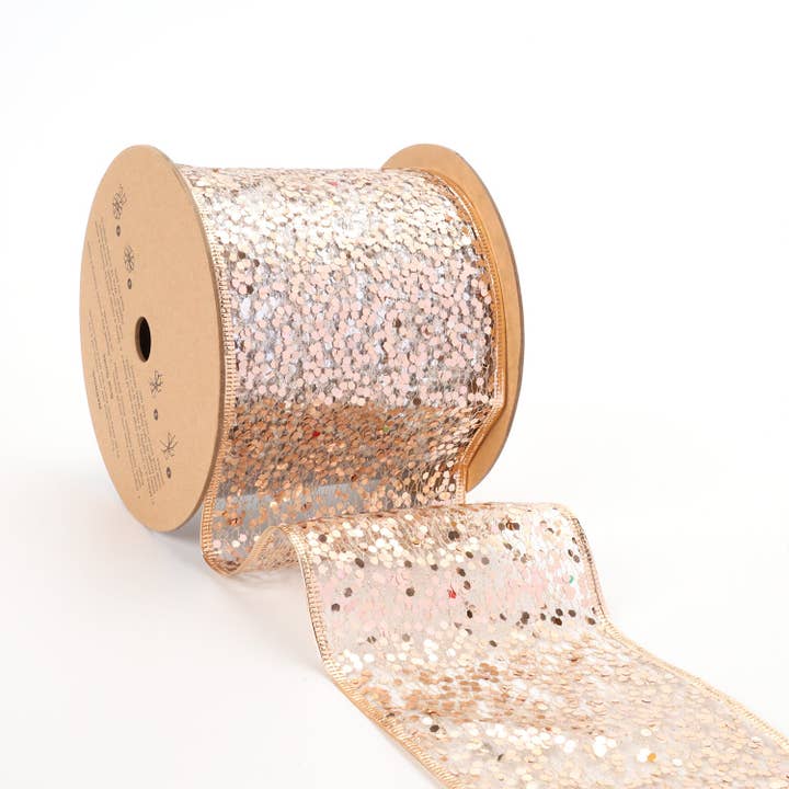LA Ribbons Wholesale - Wholesale Ribbon - Gift Wrapping - 4" Sequin Wired Ribbon | Rose Gold | 10 Yard Roll