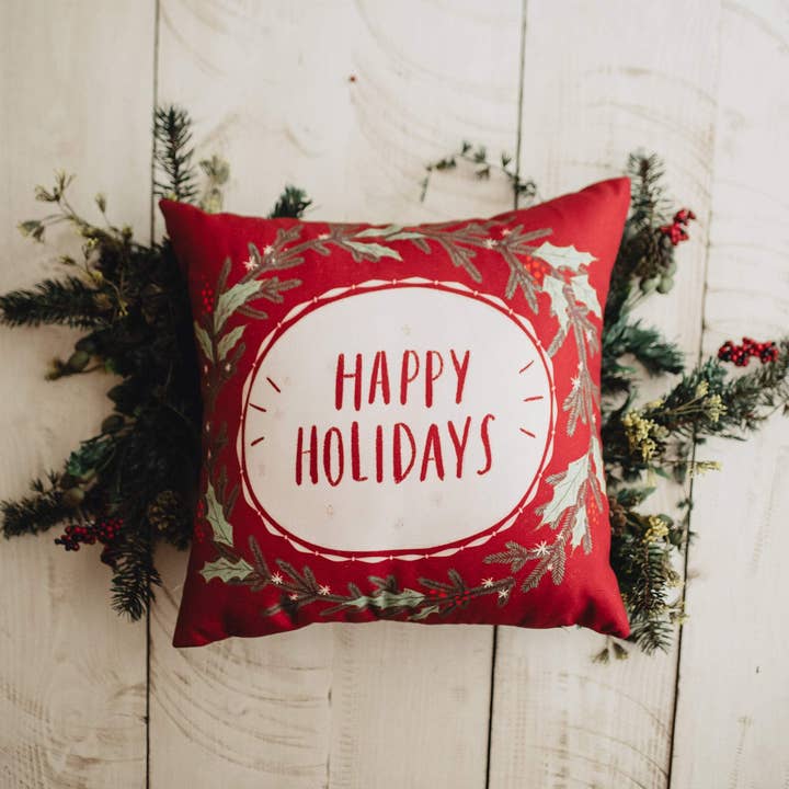 UniikPillows - Wholesale Throw Pillow Cover - Red Happy Holiday Wreath Throw Pillow Cover | Rustic Christmas Decor | Christmas Gift | Home Decor Christmas | Decorative Pillows for Couch2