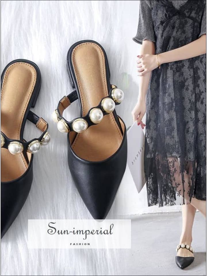 Sun Imperial – Großhandel Sandalen – Damen – Schwarze flache Schuhe mit spitzen Hausschuhen mit Perlenband und niedrigem Absatz