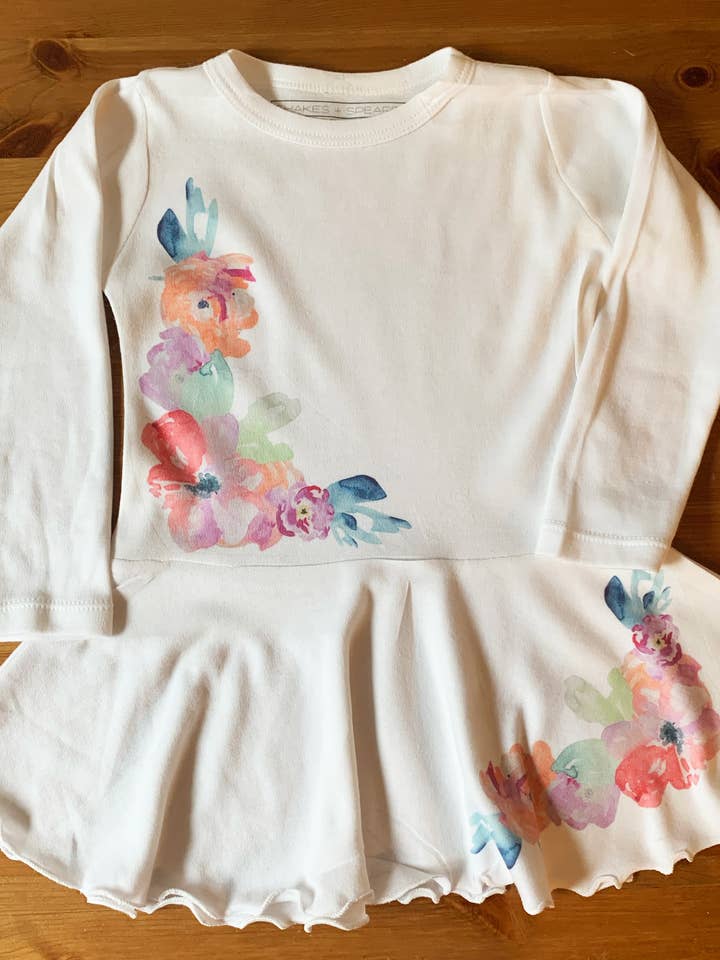 Cloud White Baby LS Dress - Watercolor Flowers for wholesale on Faire