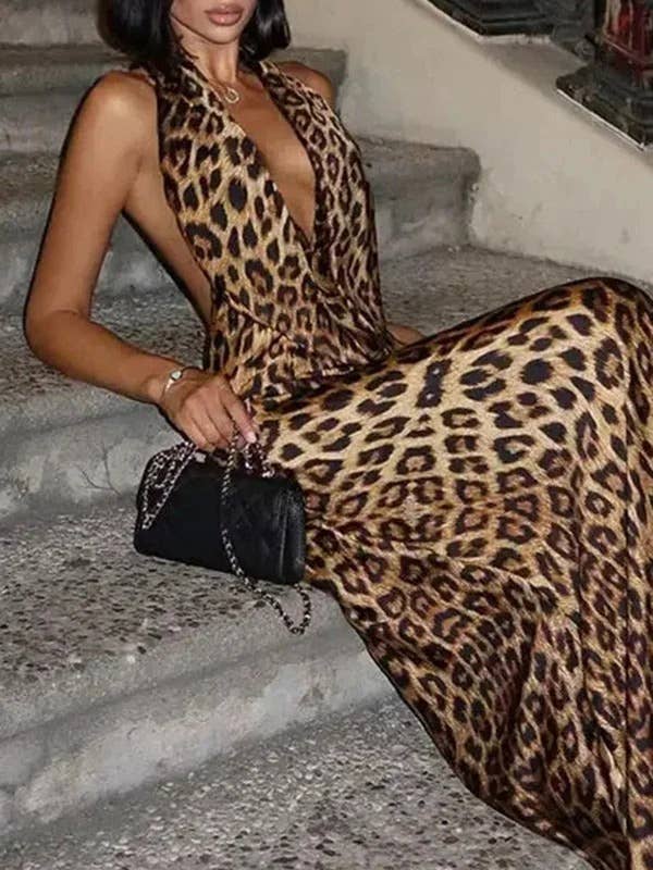 deep v neck sleeveless leopard print maxi dress for wholesale on Faire1