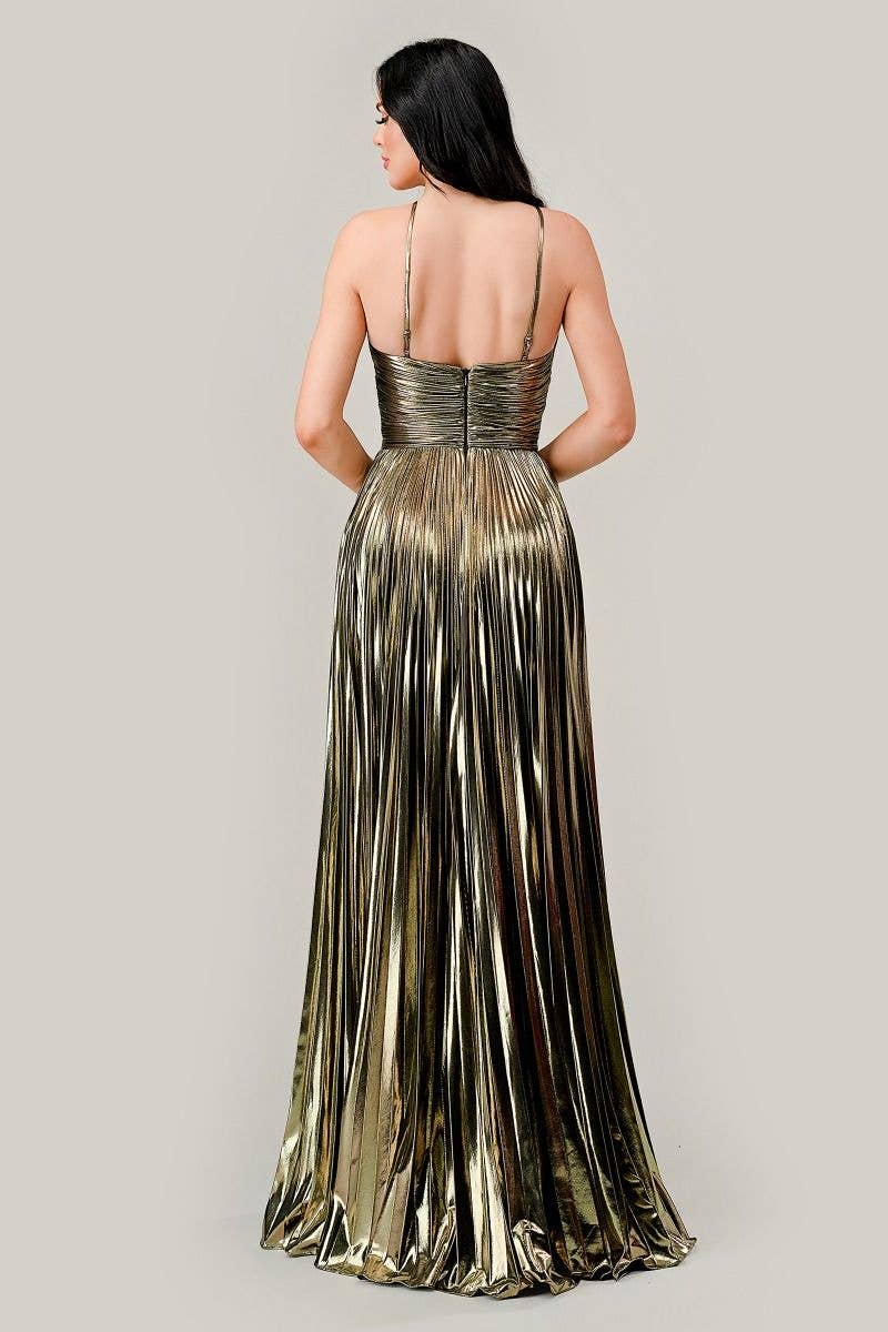 Tux-USA® - Wholesale Gown - Women's - Halter Pleated Lame' Metallic A-Line Gown5