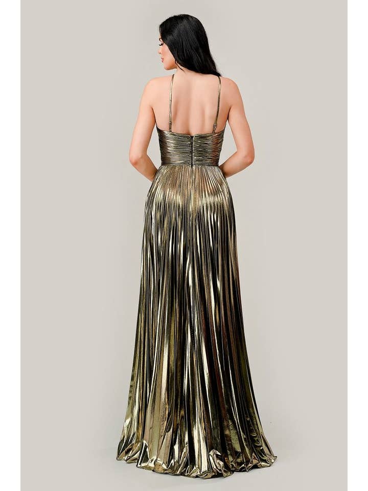 Tux-USA® - Wholesale Gown - Women's - Halter Pleated Lame' Metallic A-Line Gown5