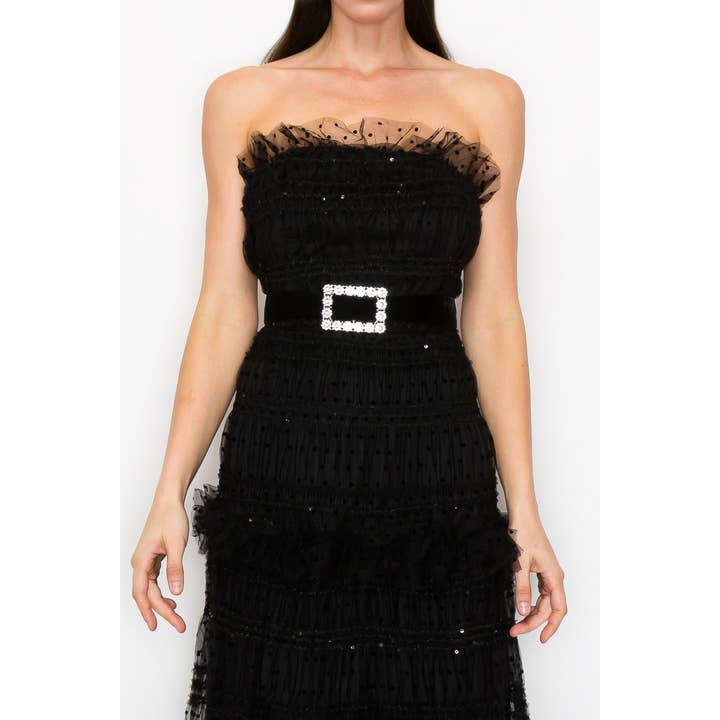 INA - Wholesale Dress - Women's - Strapless Polka Dots Tiered Tulle Maxi Dress