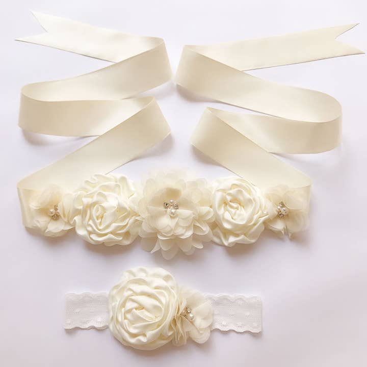 Floris Linens - Wholesale Fashion Headband - Women's - Floral Flower Girl Sash, Bridal Belt, Matching Headband
