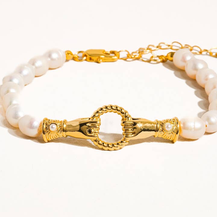 Everleigh 18K Gold Pearl Hands Hoop Necklace, Bracelet for wholesale on Faire