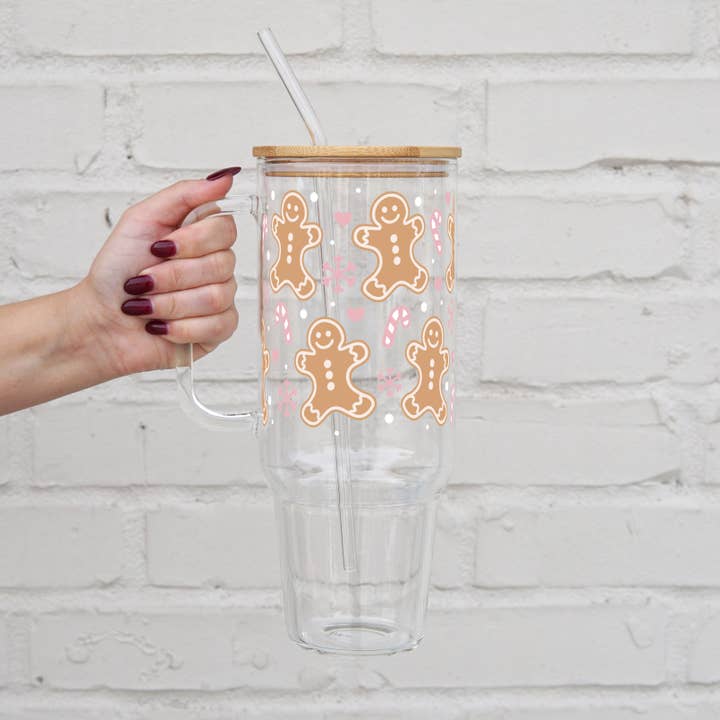 Sip-Sip Hooray! – wholesale Isolerade dryckesvaror – Rosa pepparkakor, pepparmynta och snöflinga jul 40 oz glasglas med lock och halm