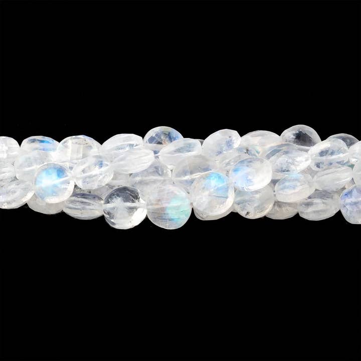 4.5-6.5mm Rainbow Moonstone Faceted Coin Beads 16 inch 76 pieces AAA for wholesale by Beads of Cambay