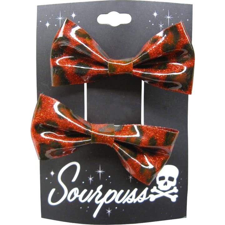 Square Deal Recordings & Supplies - Wholesale Hair Bow - Women's - Hair Clips - Sourpuss - Red Leopard Glitter Bows - Set Of 2