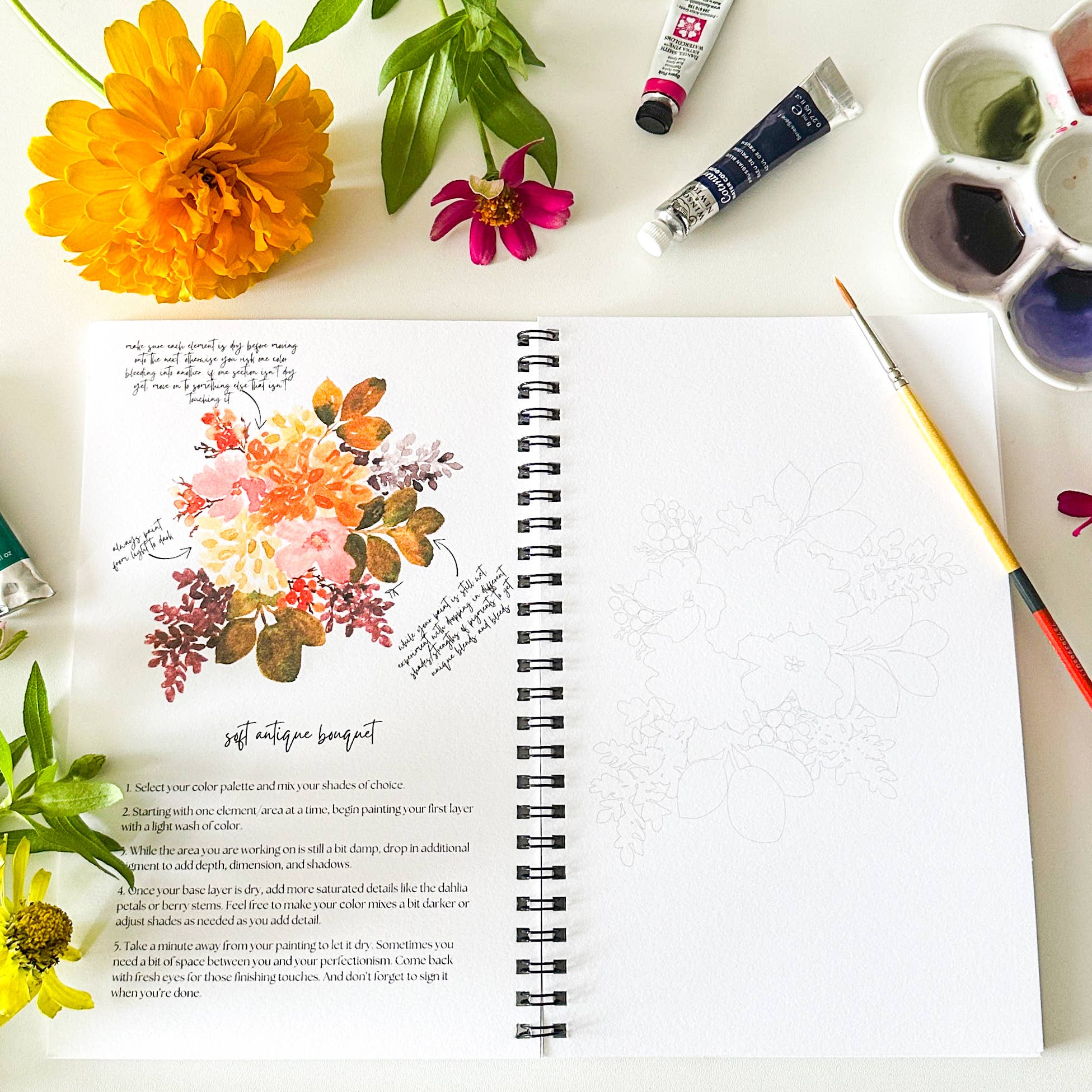 Tiffany Ascensio Designs | Watercolor Greeting Cards - Wholesale Sketchbook/Sketchpad - Watercolor Floral Workbook – Paintable Sketchbook with Paint1