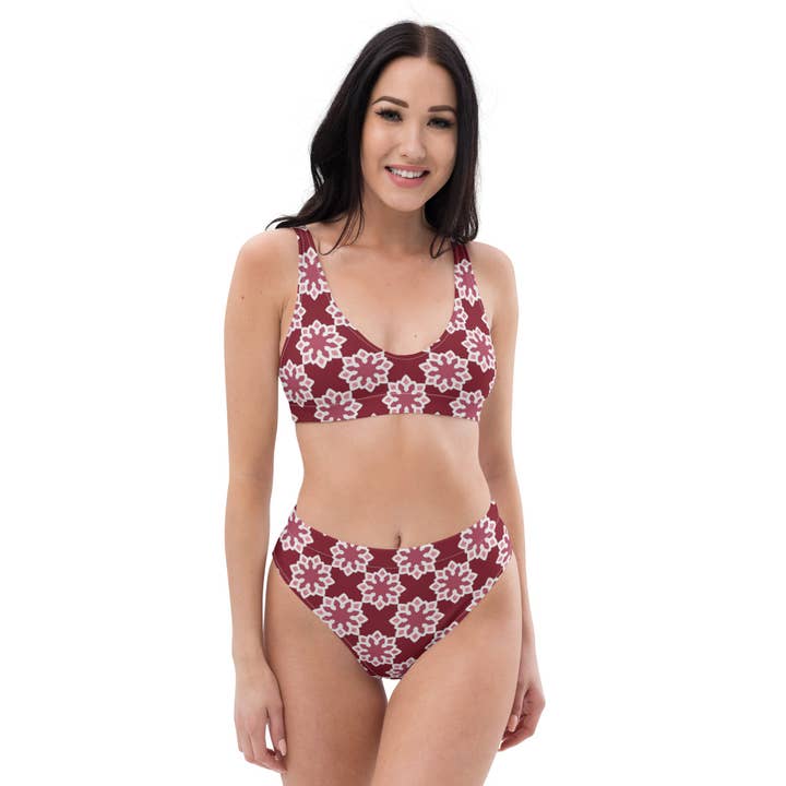 Gerecyclede rPET-bikini met hoge taille - Arabesque Flower in Rouge π voor wholesale door The Shamal