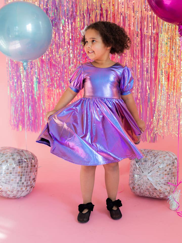 Puff Dress in Purple Lamé for wholesale by Ollie Jay
