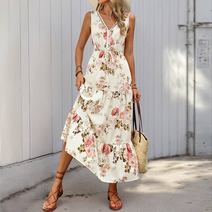 White Sleeveless Deep V-Neck Loose Plain Long Maxi Casual Dress for wholesale on Faire