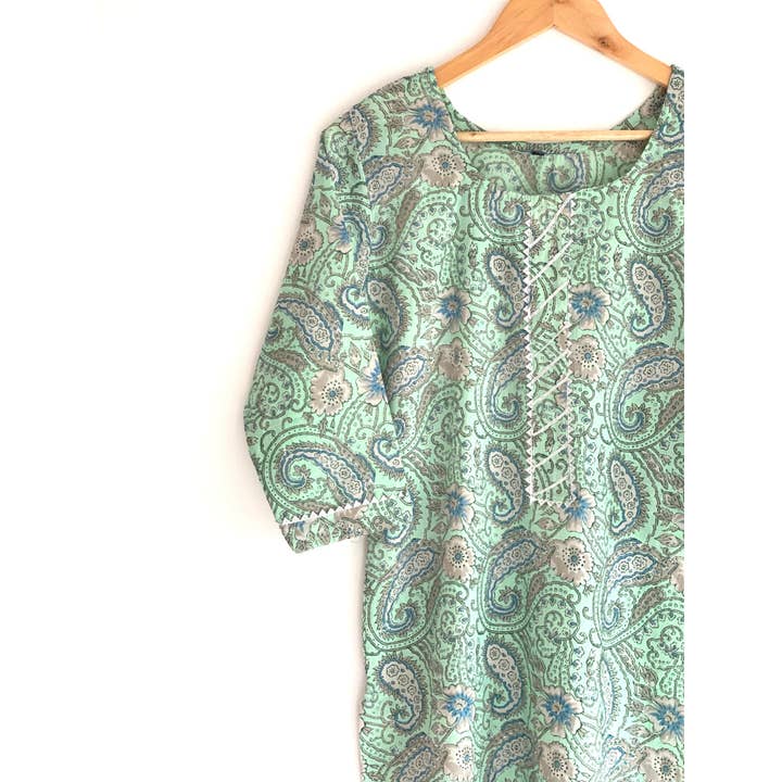 Damestuniek - Katoenen Kurti Straight, hals mouwboord voor wholesale door The Indian Bazaar