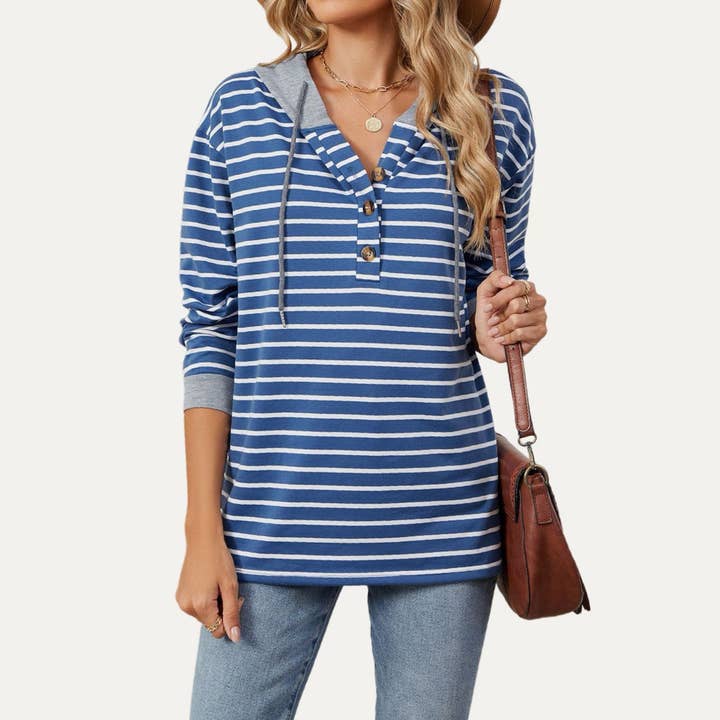 Causal Days Striped Button-Front Long Sleeve Hooded Top for wholesale by The Moment Collection