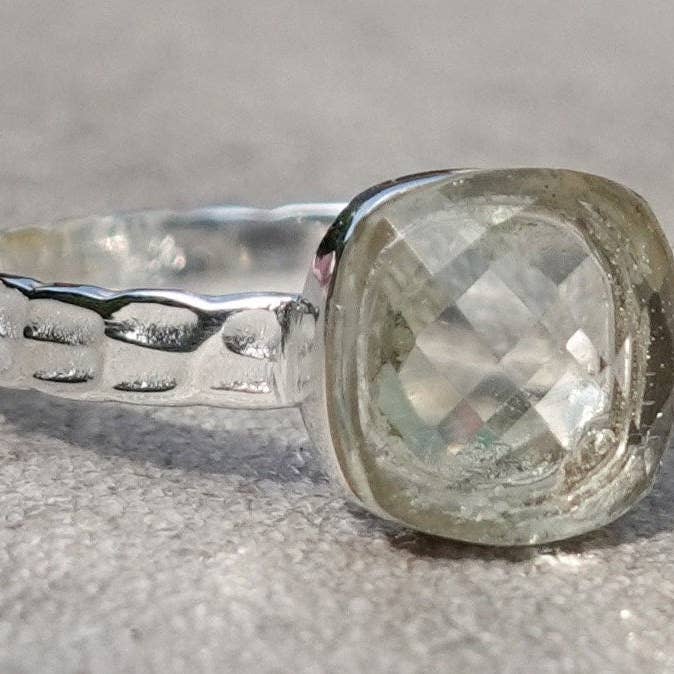 Square Checker Cut Green Amethyst Ring | Hammered 925 Silver, R185GA for wholesale by Mistry Gems