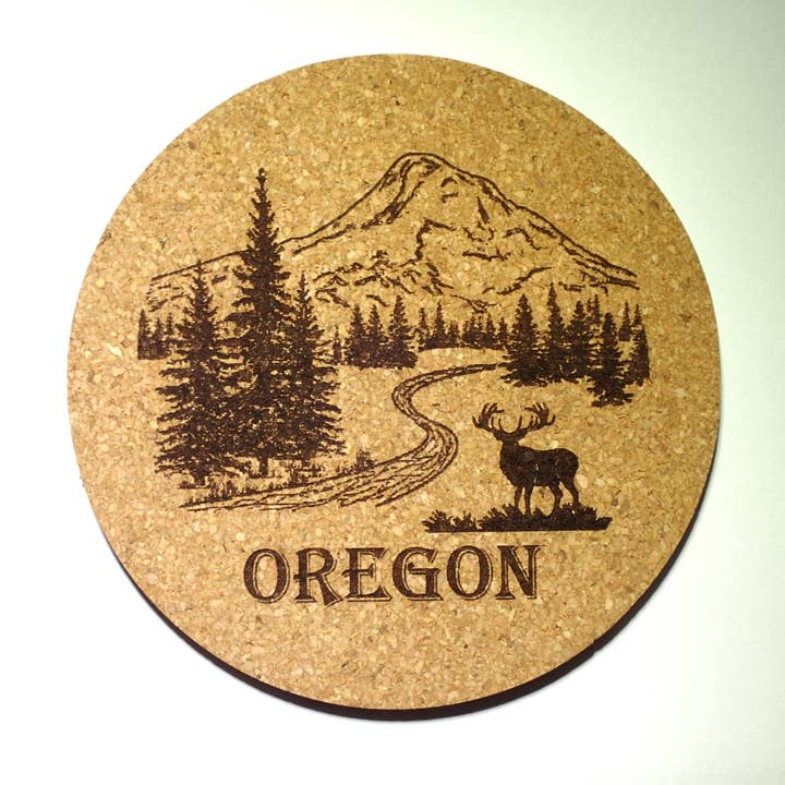 Mountain scene laser engraved cork coaster - customizable for wholesale by River's Edge Gourmet Foods
