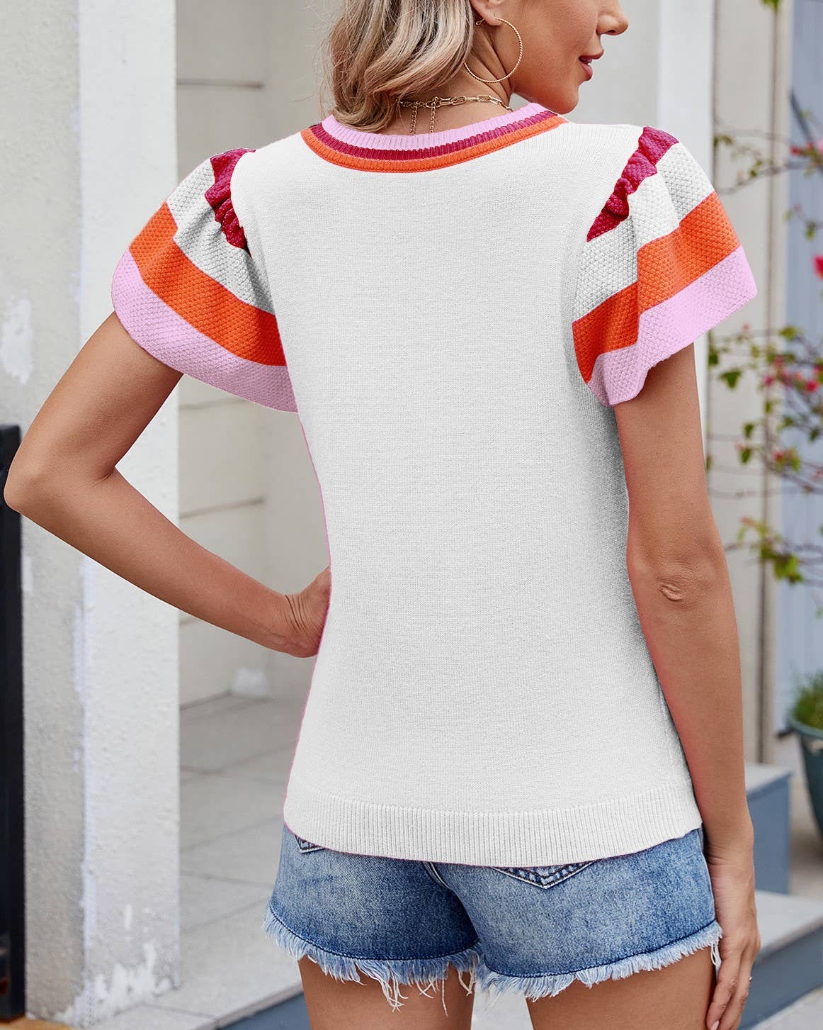Rosa Clothing - Wholesale T-Shirt - Women's - Stylish Color-Block Ruffled Sleeve And Trim Knit Top8