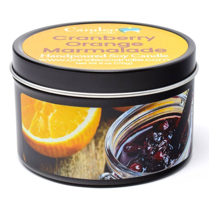 Cranberry Orange Marmalade, 6oz Soy Candle Tin for wholesale by Candeo Candle