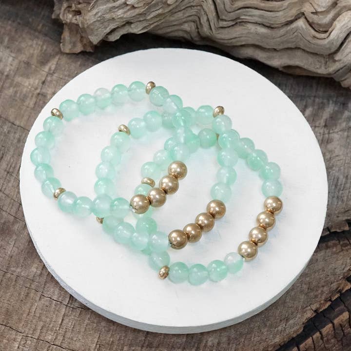 PennyLine inc - Wholesale Beaded Bracelet - Worn gold tone and glass beads bracelets stack Hot Pink Blue Green