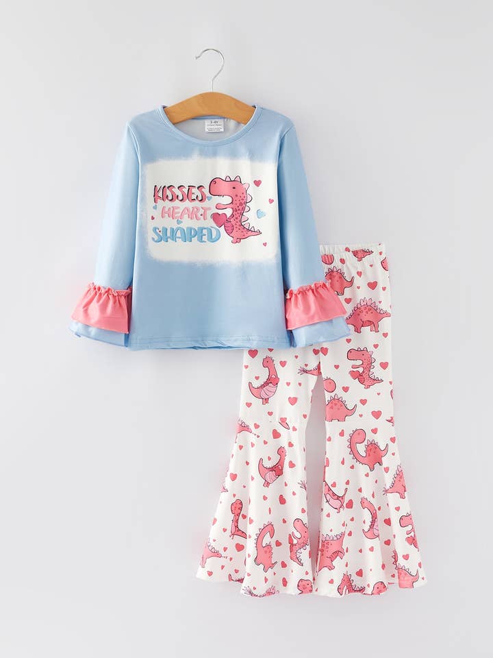 Rylee Faith Designs - Vendita all'ingrosso Completo top e pantaloncini - Bambini - Set con Maglia a Volant con Stampa di Lettera di Dinosauro per San Valentino e Pantaloni Svasati