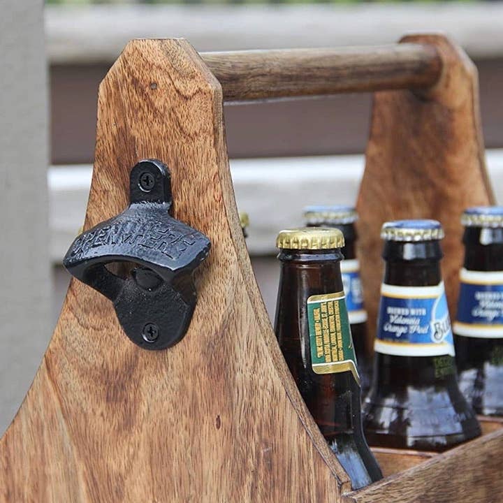 Lungta Imports - Wholesale Beer/Wine Caddy - Handcrafted Wooden Bottle Caddy, 6-Pack Beer Carrier with Metal Bottle Opener5
