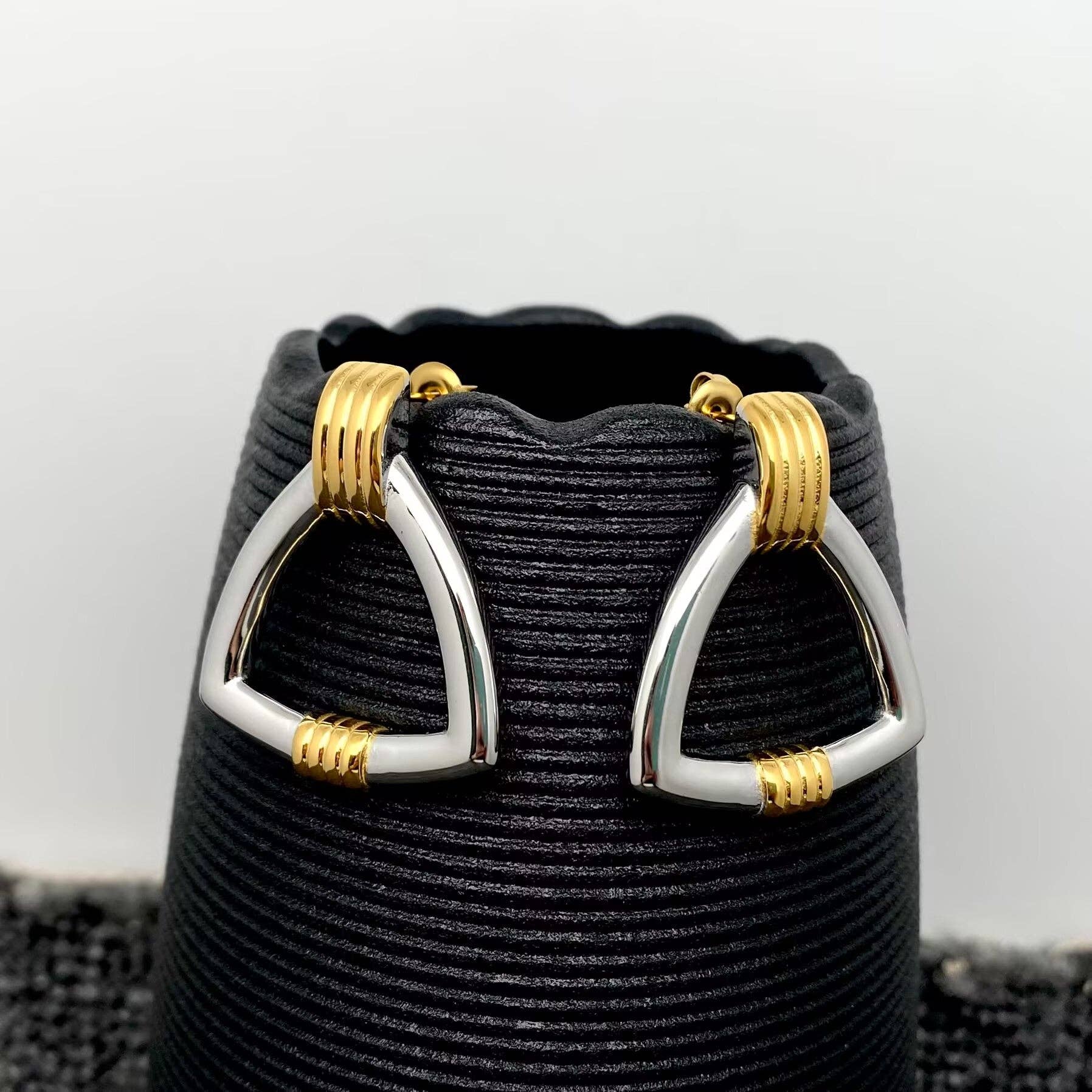 Mio Queena - Wholesale Stud/Post Earrings - Two Tone 18K Gold Plated SS Triangle Post Earrings - FGS0