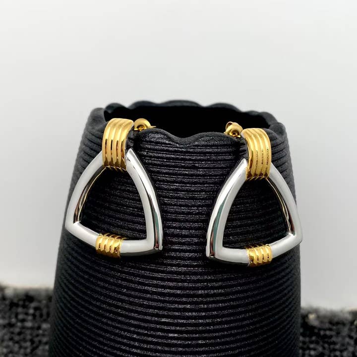 Mio Queena - Wholesale Stud/Post Earrings - Two Tone 18K Gold Plated SS Triangle Post Earrings - FGS