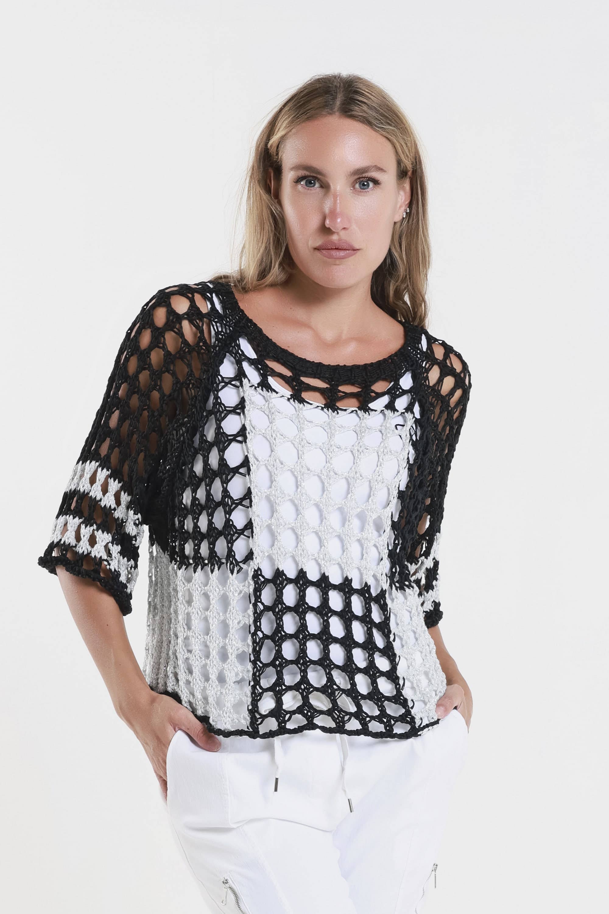 TINA Stephens Italy/Tees By Tina - Wholesale Knit Sweater - Women's - Sparkle Doris Ballet Slv 2 Tone Square Knit (BQ906P)1