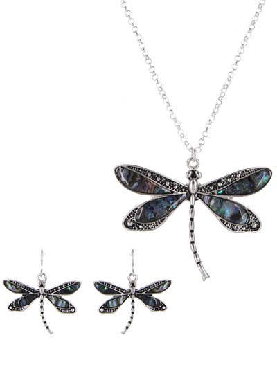 0011 PREMIERE - Wholesale Jewelry Set - FR2910 Antique Silver Abalone Dragonfly Necklace Set2