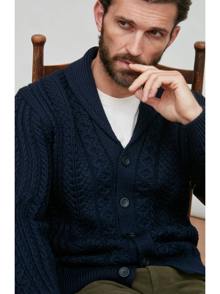 Paul James Knitwear - Wholesale Cardigan - Men's - Mens Chunky Merino Wool Shawl Collar Cable Cardigan8
