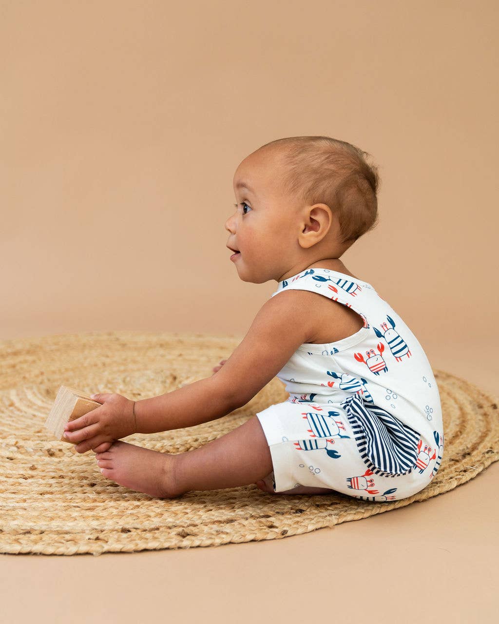 NATURAL Nautical Crab Side Pocket Baby Romper (Organic Jersey) for wholesale on Faire3