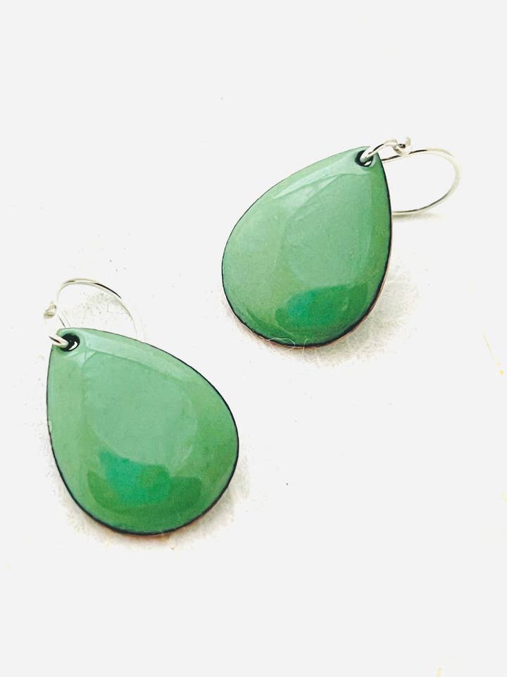 Small Teardrop Earrings, Willow Green Enamel Earrings for wholesale by Magpie Mouse Studios
