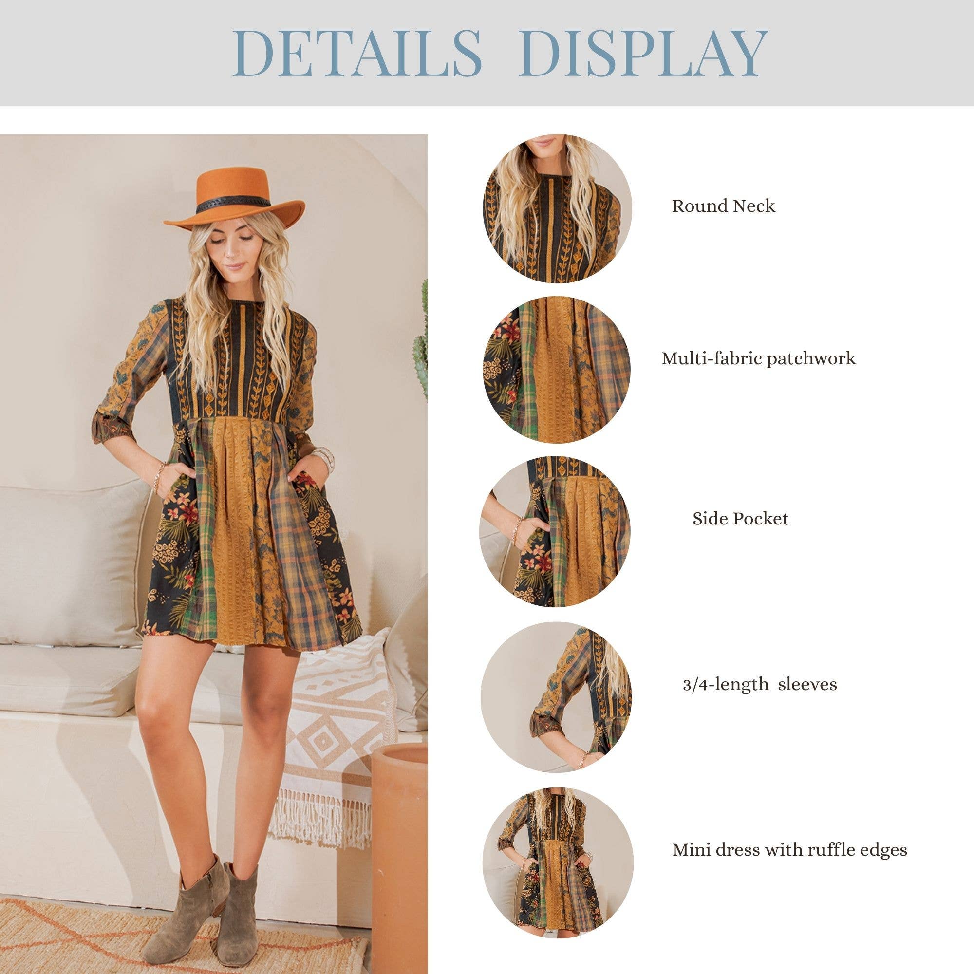 CAMEL Rustic Bohemian: Fit and Flare Patchwork Mini Dress for wholesale on Faire6