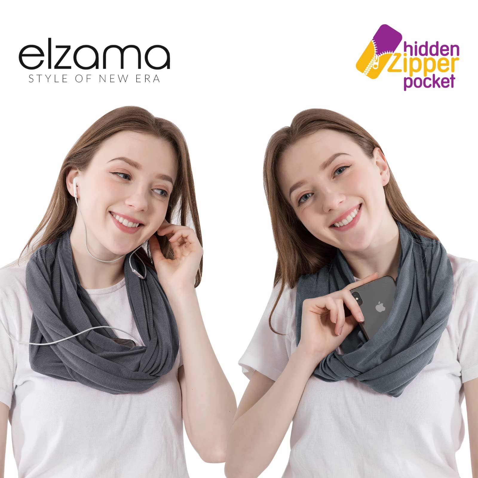 Elzama - Wholesale Scarf - Women's - ELZAMA Solid Color Infinity Scarf with Hidden Zipper Pocket6