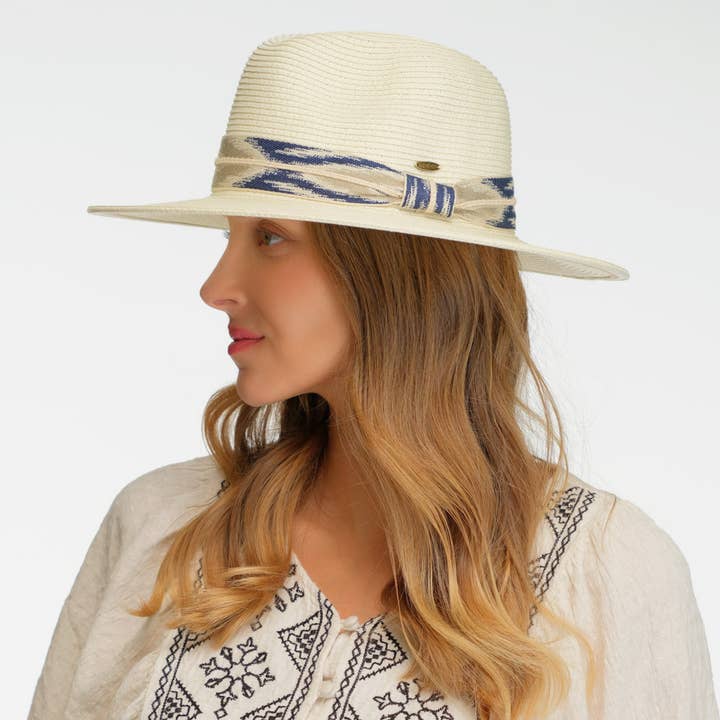 CC PANAMA HAT WITH AZTEC PATTERN BAND, PNH 0051 for wholesale by JOIA ACCESSORIES